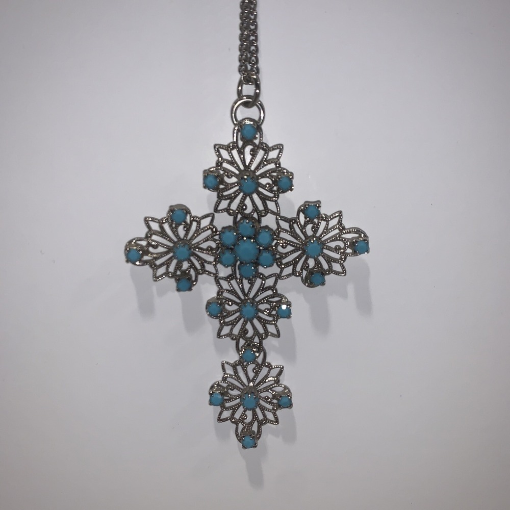 Vintage Silvertone Cross Faux Turquoise Necklace Chain Pendent